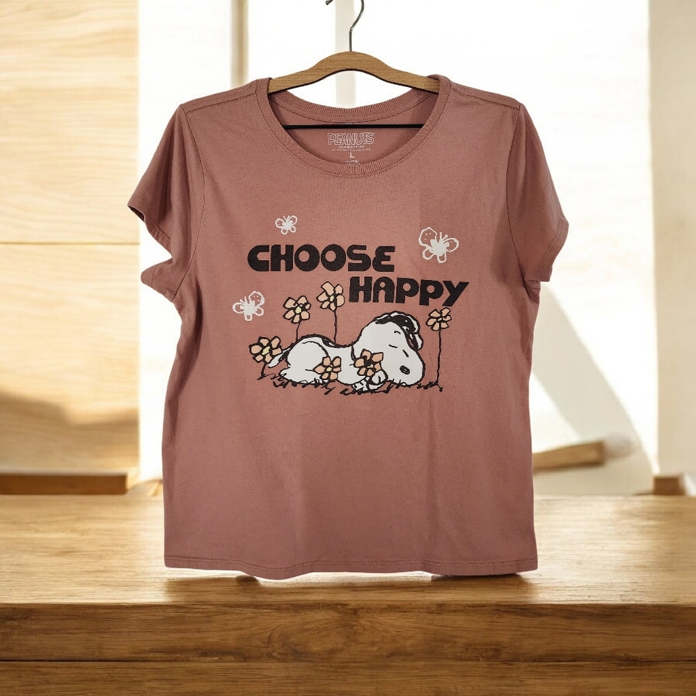 Peanuts Snoopy "Choose Happy" Graphic T-Shirt Mauve Pink Size Large